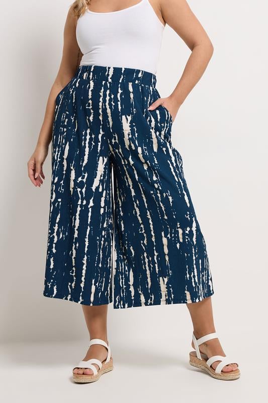  YOURS Curve Navy Blue Abstract Pull On Wide Leg Trousers