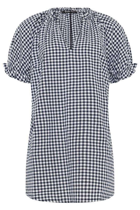YOURS Plus Size Navy Blue Gingham Notch Neck Blouse | Yours Clothing 5