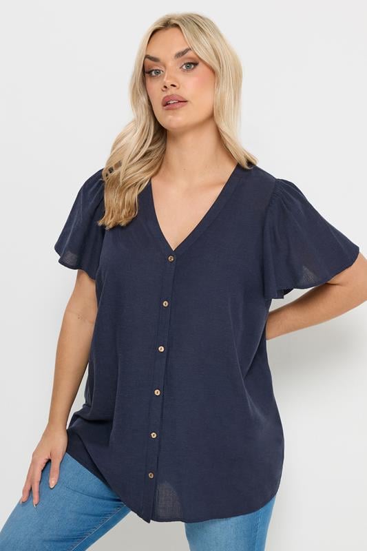 YOURS Curve Navy Blue Button Through Linen Blouse