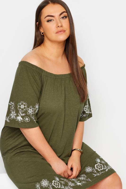 YOURS Plus Size Khaki Green Embroidered Bardot Midi Dress | Yours Clothing 3