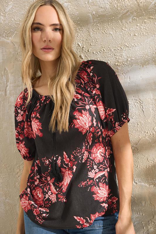LTS Tall Black Floral Print Tie Front Top