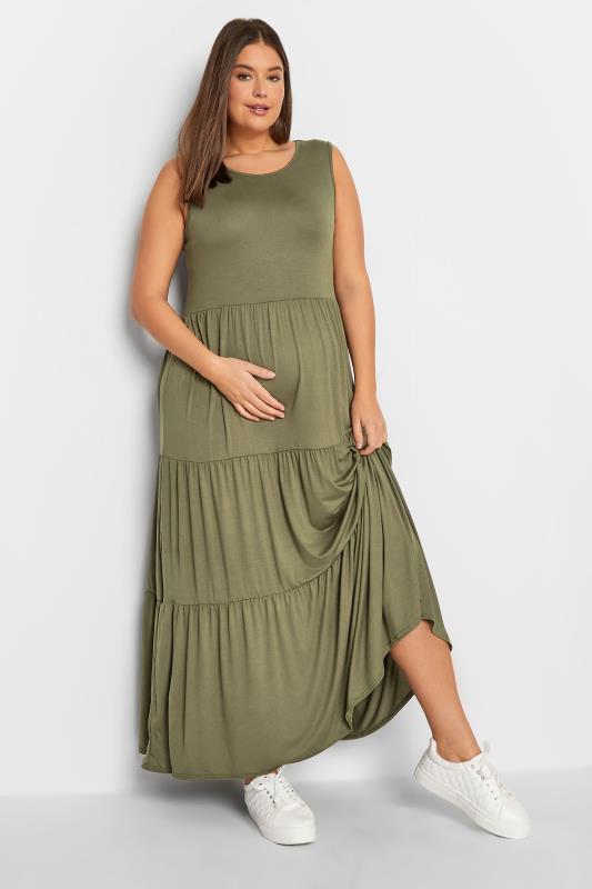 LTS Maternity Khaki Green Tiered Maxi Dress | Long Tall Sally 1