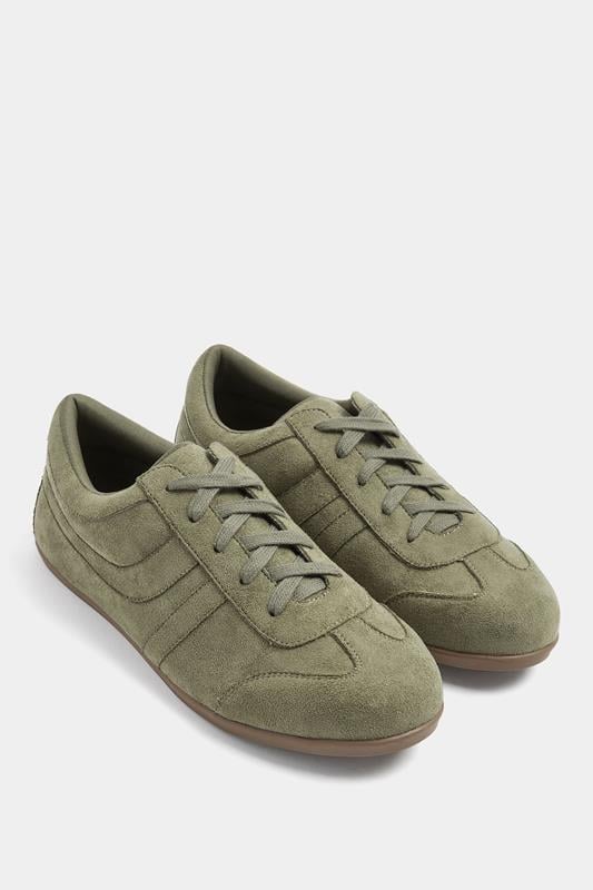 Sage Green Faux Seude Low Retro Stripe Trainers In Extra Wide EEE Fit | Yours Clothing 1