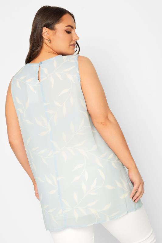 YOURS Curve Plus Size Light Blue Floral Leaf Print Pintuck Sleeveless Blouse | Yours Clothing 3