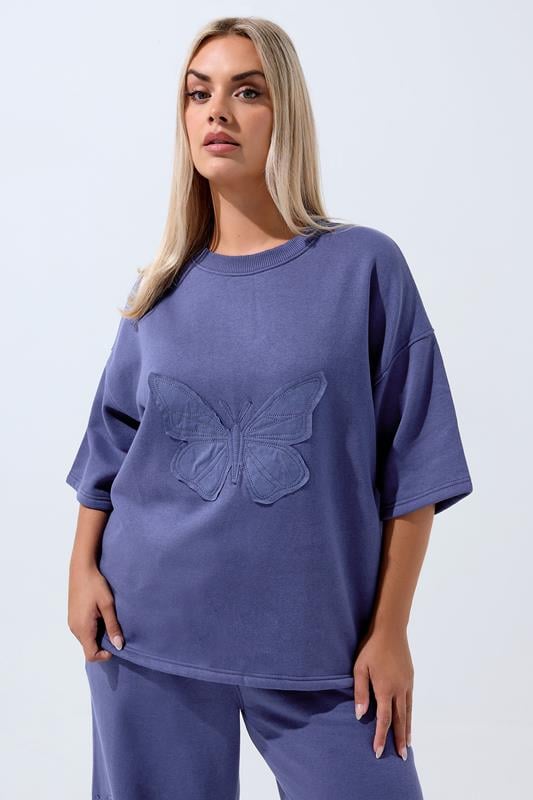  LIMITED COLLECTION Curve Navy Blue Embroidered Butterfly Oversized Sweat T-Shirt