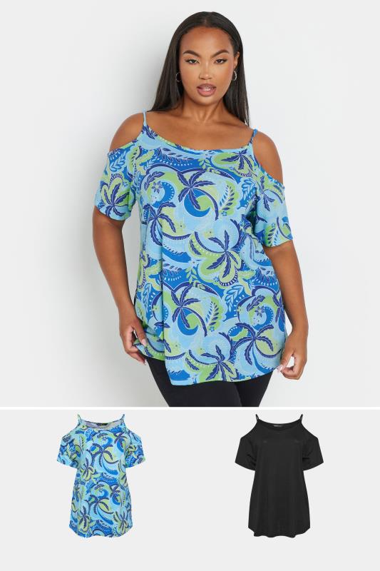 YOURS Plus Size 2 PACK Blue & Black Swirl Print Cold Shoulder Tops | Yours Clothing  1