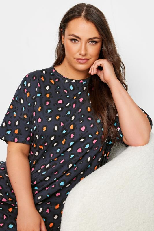 YOURS Plus Size Charcoal Grey Rainbow Leopard Print Sleep Tee Nightdress 4