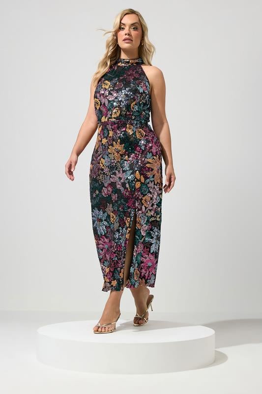 YOURS LONDON Plus Size Orange & Pink Floral Sequin Maxi Dress | Yours Clothing 1