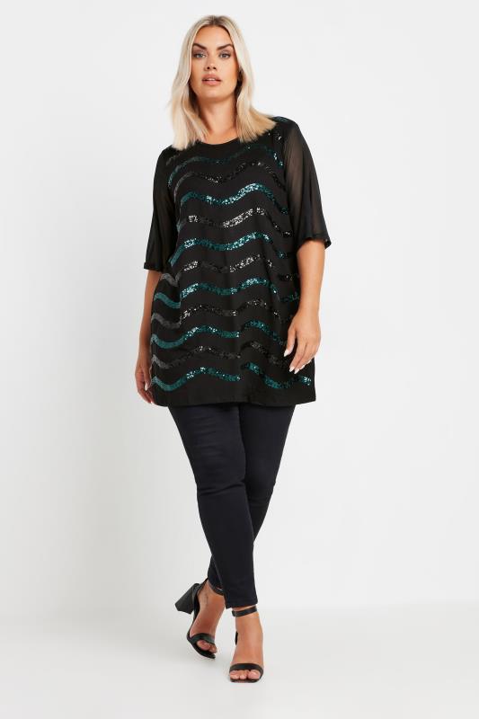 YOURS Plus Size Black & Blue Sequin Embellished Mesh Sleeve Top | Yours Clothing 2