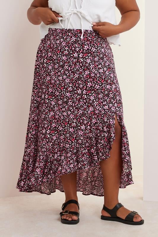 YOURS Plus Size Pink Ditsy Floral Ruffle Hem Maxi Skirt | Yours Clothing 2