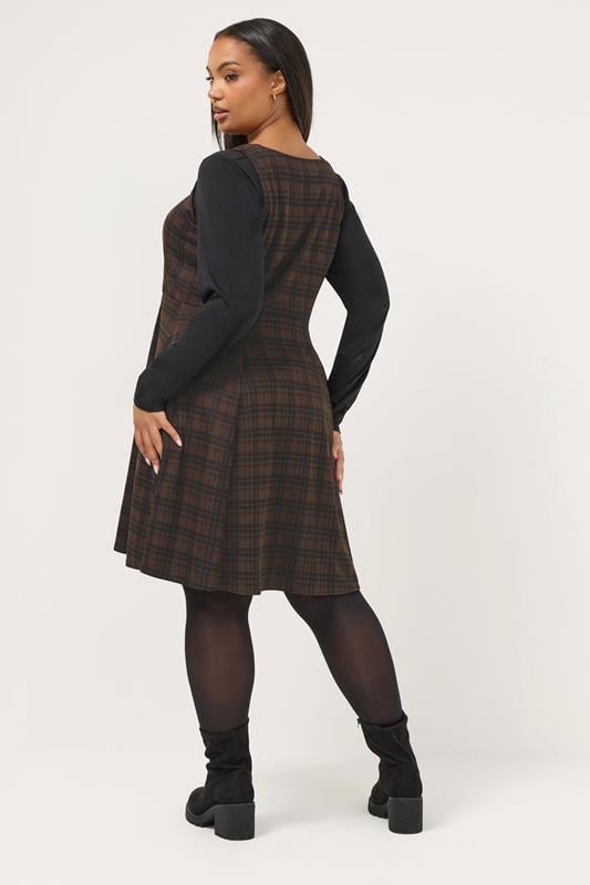YOURS Plus Size Chocolate Brown Check Pinafore Dress | Yours Clothing 2