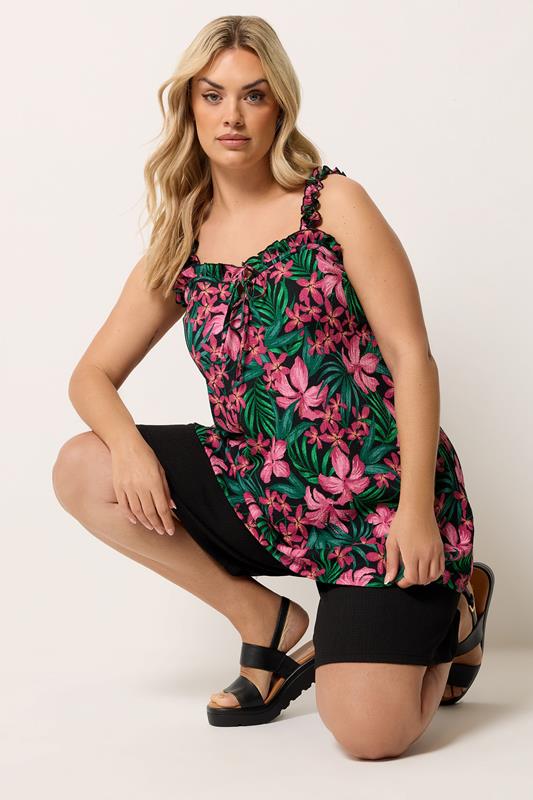  YOURS Curve Black Tropical Frill Vest Top