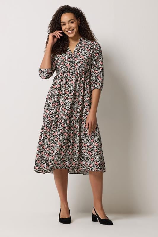 M&Co Black & Pink Floral Tiered Midi Dress
