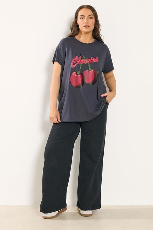 YOURS Plus Size Grey 'Cherries' Slogan T-Shirt | Yours Clothing 1
