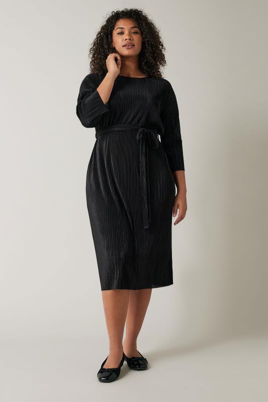 Plus Size  Evans Black Pleated Tie Waist Midi Dress