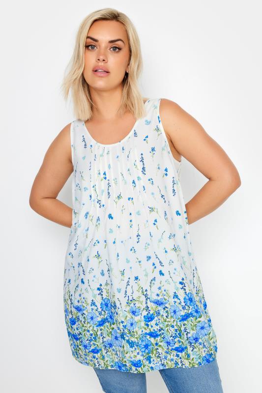 YOURS Plus Size White & Blue Floral Print Dipped Hem Pleated Vest | Yours Clothing 1