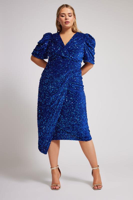 YOURS LONDON Plus Size Blue Sequin Velvet Wrap Dress | Yours Clothing 4