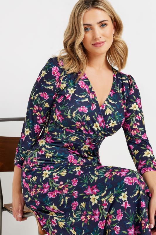 M&Co Navy Blue Floral Print Belted Wrap Midi Dress | M&Co 1