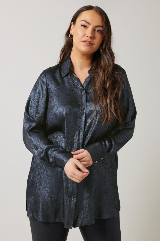 EVANS Plus Size Navy Blue Metallic Long Sleeve Shirt | Evans  1