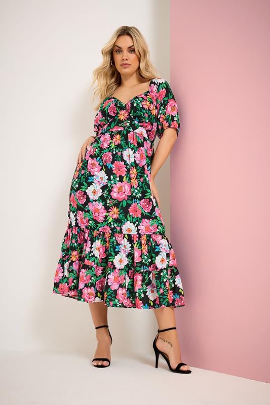  YOURS Curve Black Floral Milkmaid Midi Dress