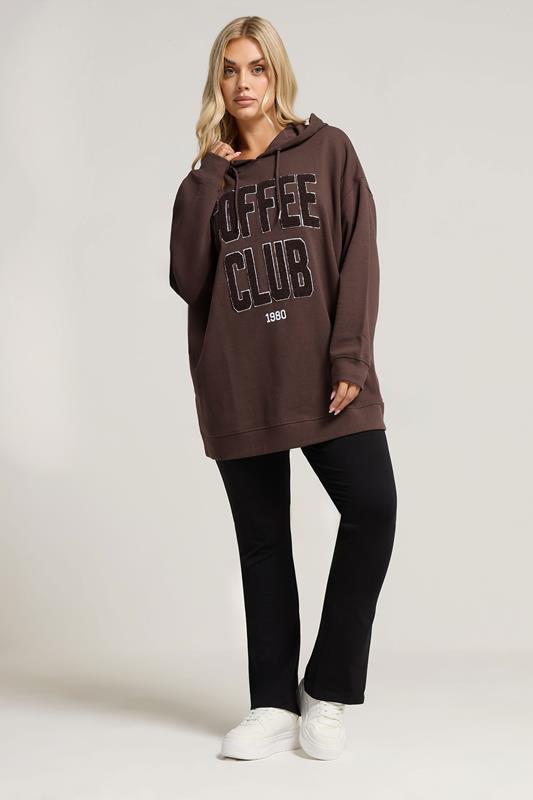 YOURS Plus Size Chocolate Brown 'Coffee Club' Slogan Hoodie | Yours Clothing 2