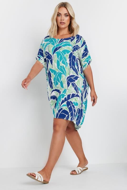 Plus Size  YOURS Curve Blue Tropical Print Tunic Dress