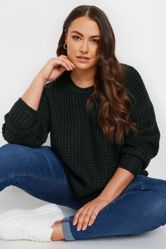 YOURS Plus Size Black Waffle Knit Jumper | Yours Clothing 1