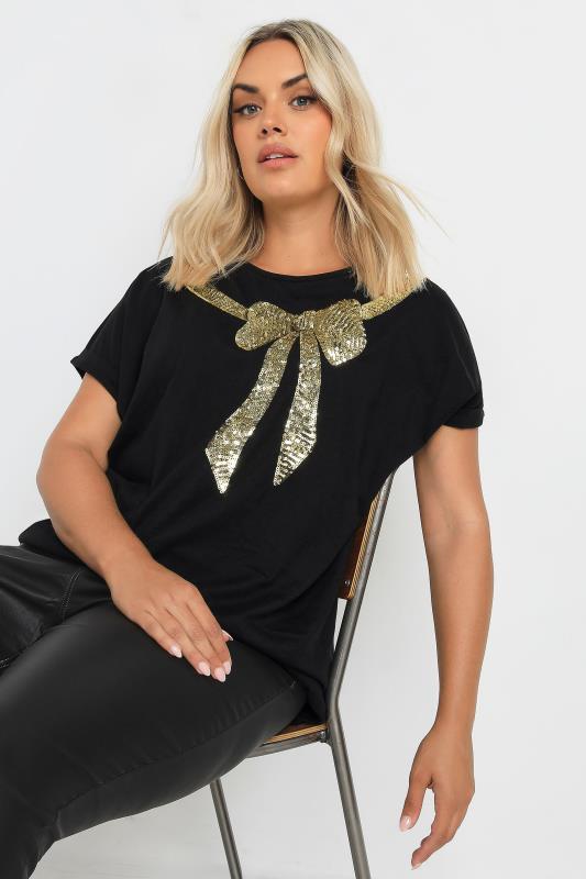 YOURS Plus Size Black Sequin Bow T-Shirt | Yours Clothing 2