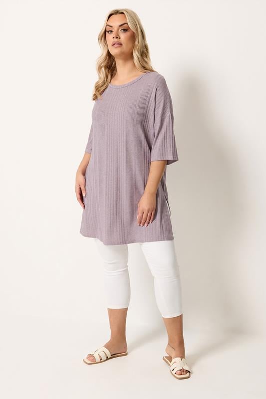 YOURS Plus Size Purple Ribbed Oversize T-Shirt | Yours Clothing 1