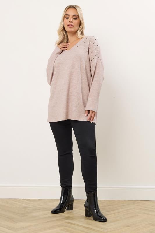 YOURS Plus Size Pink Pearl Embellished Soft Touch Jumper | Yours Clothing 1