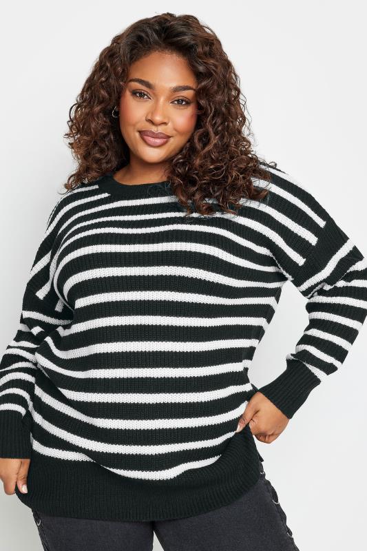 YOURS Plus Size Black Stripe Drop Shoulder Knitted Jumper | Yours Clothing 2