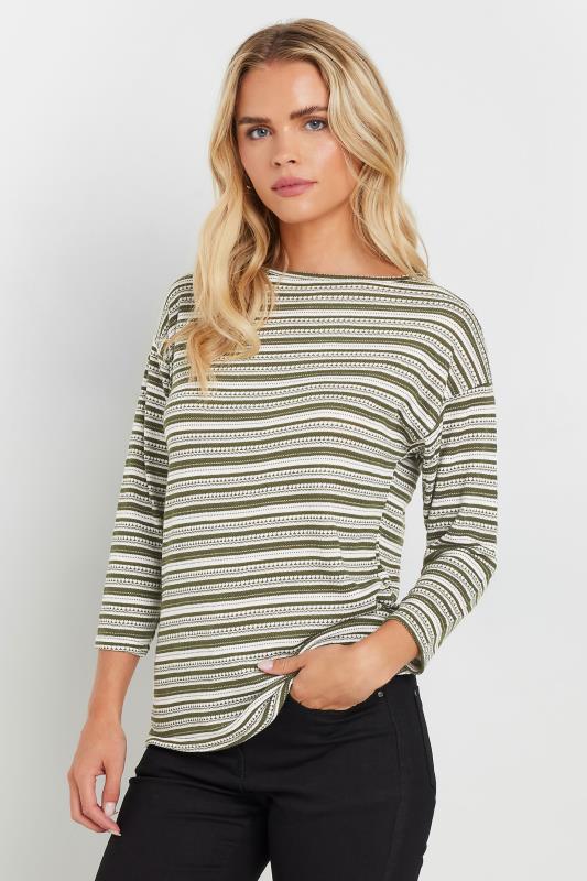 M&Co Petite Khaki & Ivory Pleated Hem Stripe Top | M&Co 1