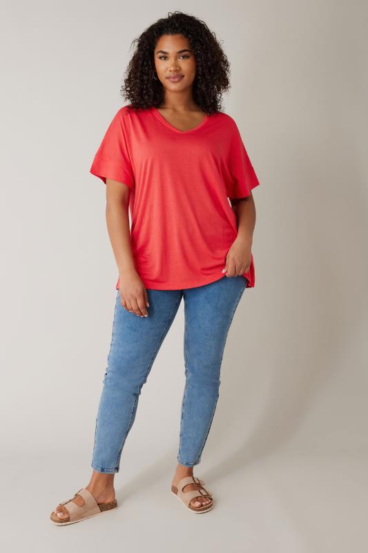 EVANS Plus Size Red V Neck Modal Rich T Shirt Evans