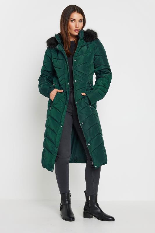 LTS Tall Women's Green Faux Fur Trim Padded Longline Coat | Long Tall Sally 1