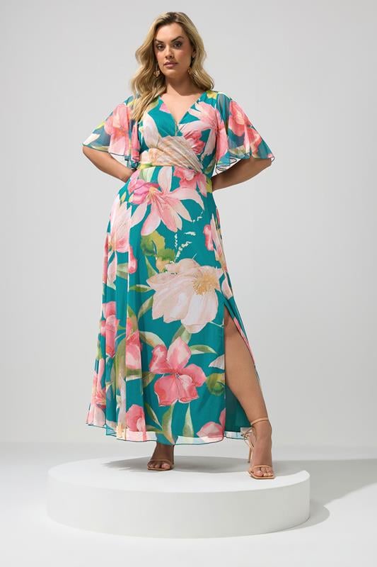  YOURS LONDON Curve Teal Floral Print Maxi Wrap Dress