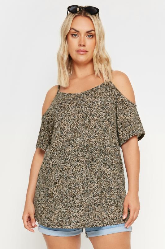 Plus Size  YOURS Curve Brown Leopard Print Cold Shoulder Top