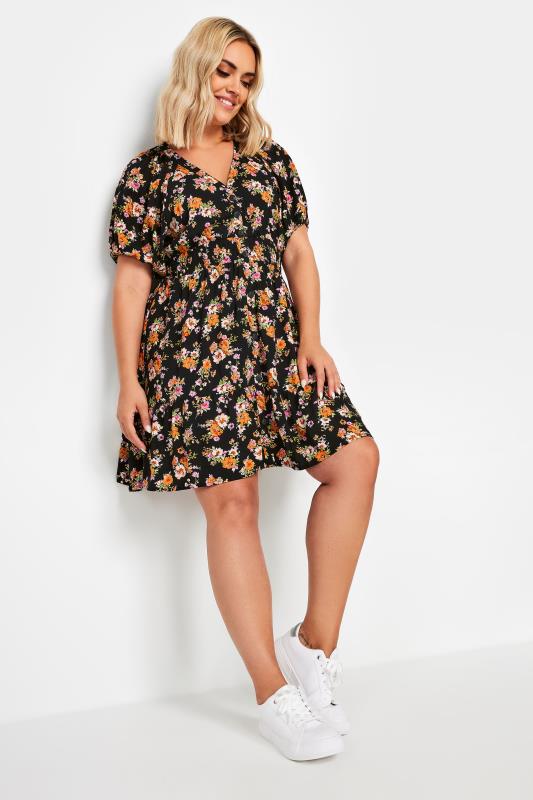 YOURS Plus Size Orange Floral Print Button Through Dress | Yours Curve  1