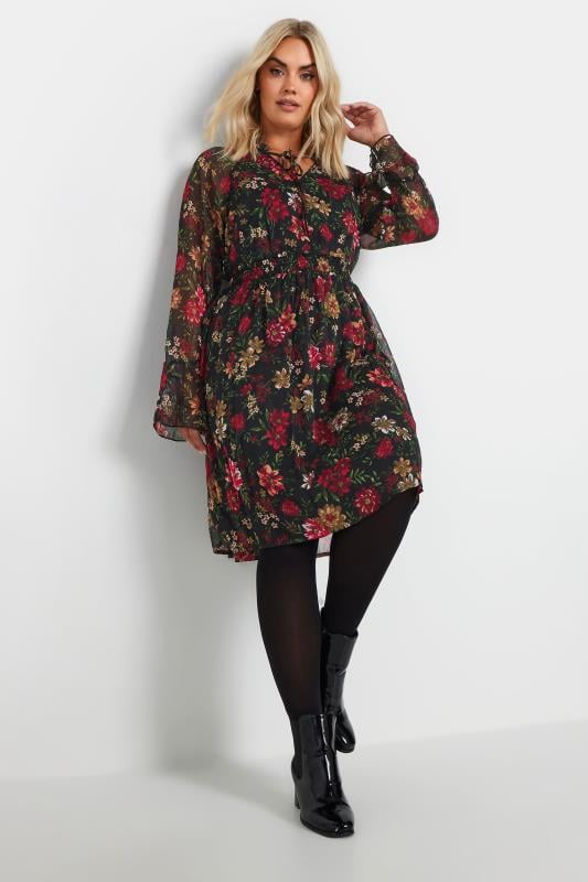 YOURS Plus Size Black & Red Floral Print Chiffon Tie Neck Dress | Yours Clothing 1