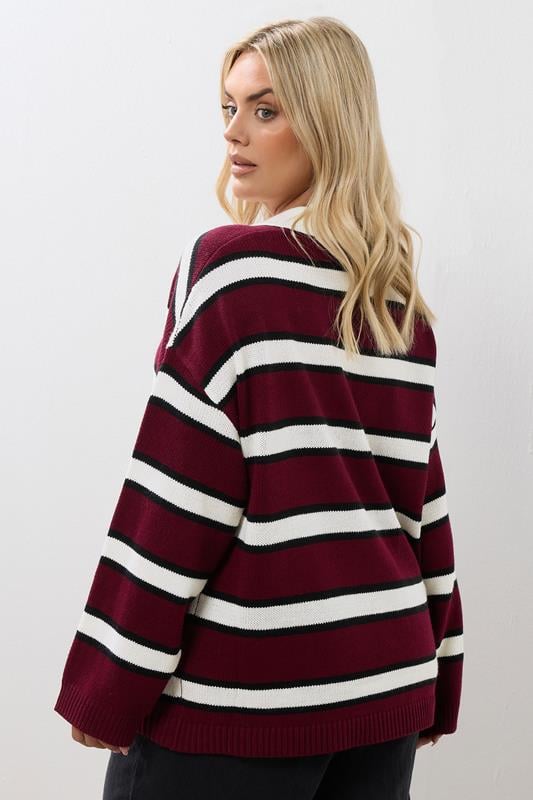YOURS Plus Size Burgundy Red Striped Rugby Collar Jumper | Yours Clothing 2