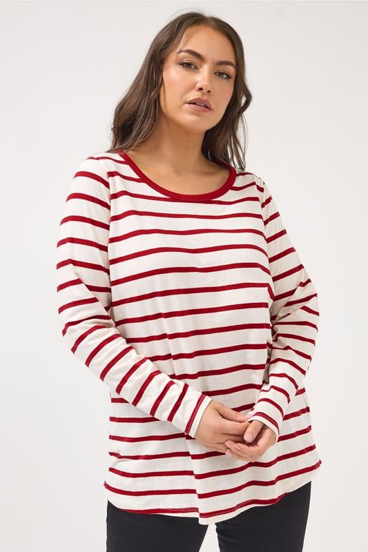YOURS Plus Size Red Stripe Long Sleeve Ringer Top | Yours Clothing 1