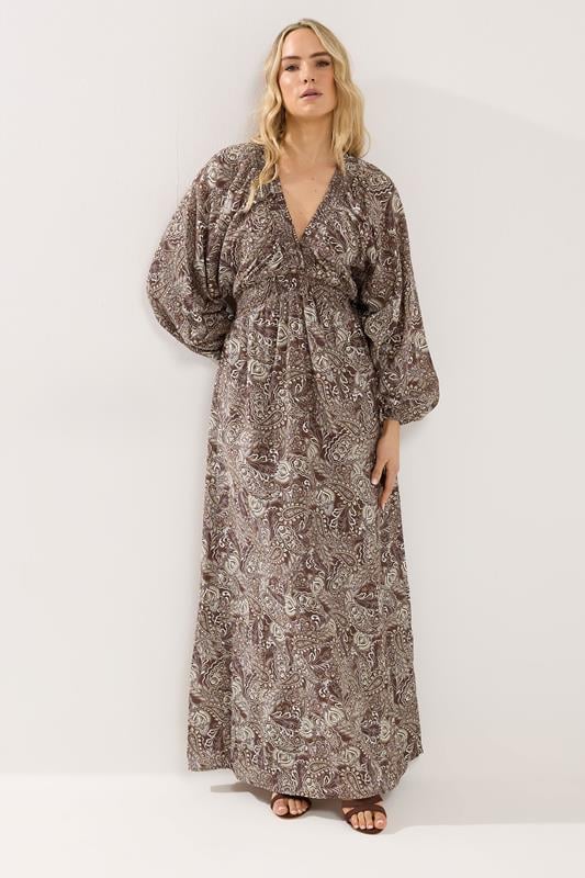  LTS Tall Chocolate Brown Paisley Shirred Maxi Dress