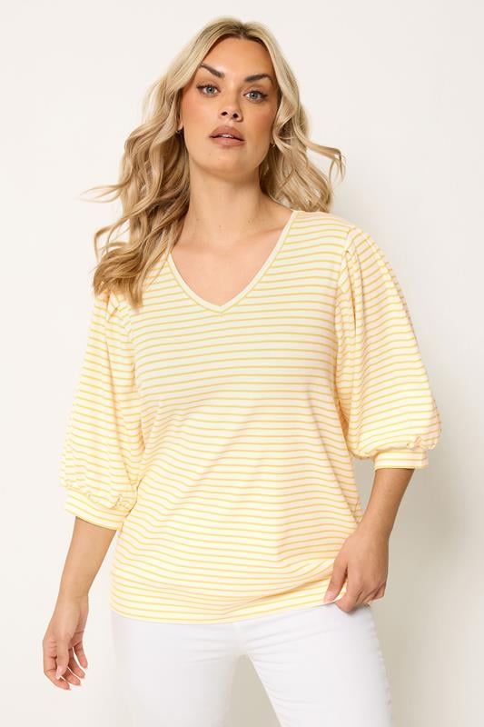 YOURS Plus Size Yellow Stripe Balloon Sleeve Top | Yours Clothing 1