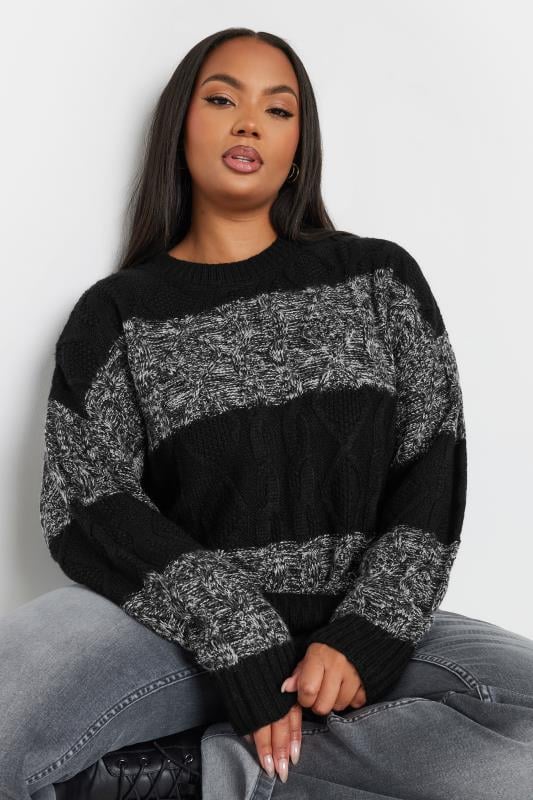 Plus Size  YOURS Curve Black & Grey Stripe Cable Twist Jumper