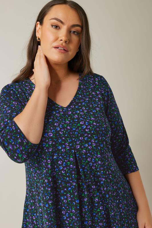 EVANS Plus Size Navy Blue Floral Print Hanky Hem Top | Evans 4