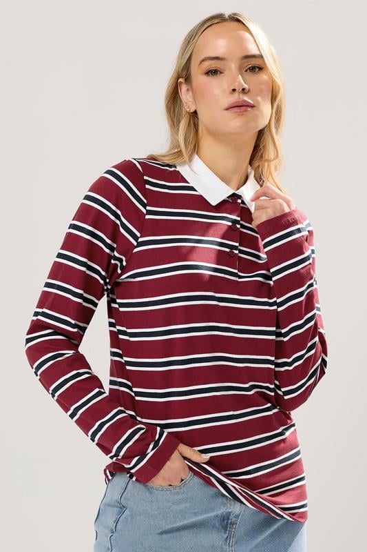 LTS Tall Red & Navy Blue Cotton Striped Jersey Polo Top