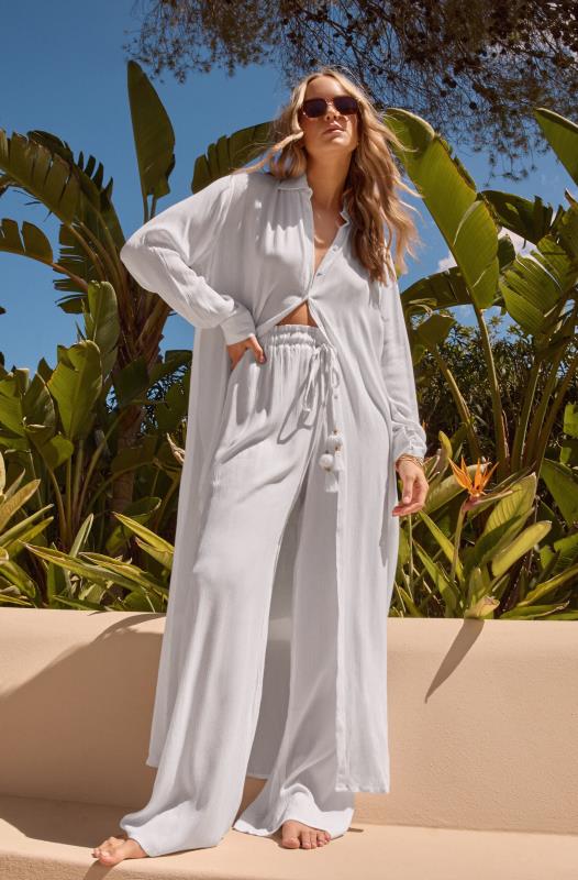 LTS Tall Women's White Textured Tie Waist Wide Leg Trousers | Long Tall Sally 1