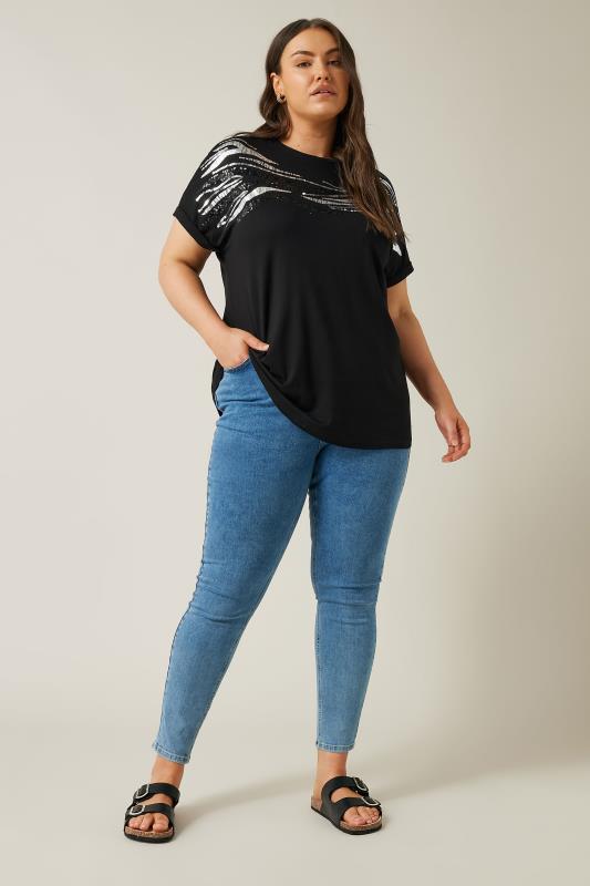 EVANS Plus Size Black Zebra Print Sequin Embellished T-Shirt | Evans  2