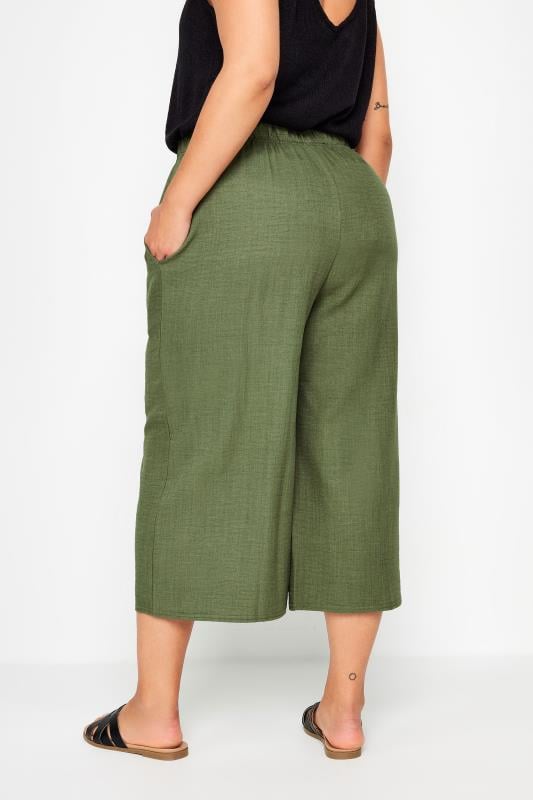 YOURS Plus Size Khaki Green Linen Look Cropped Trousers | Yours Clothing 3