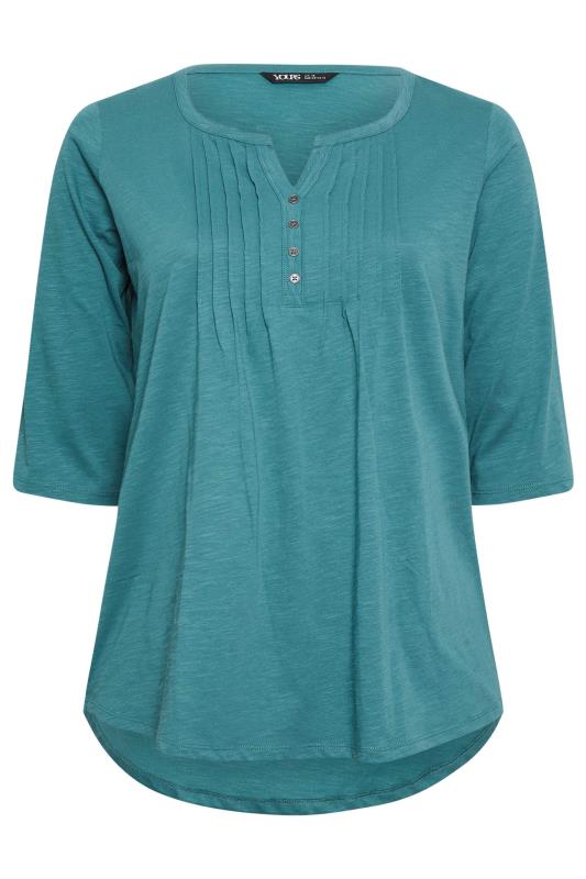 YOURS Plus Size Teal Blue Pintuck Henley T-Shirt | Yours Clothing 5
