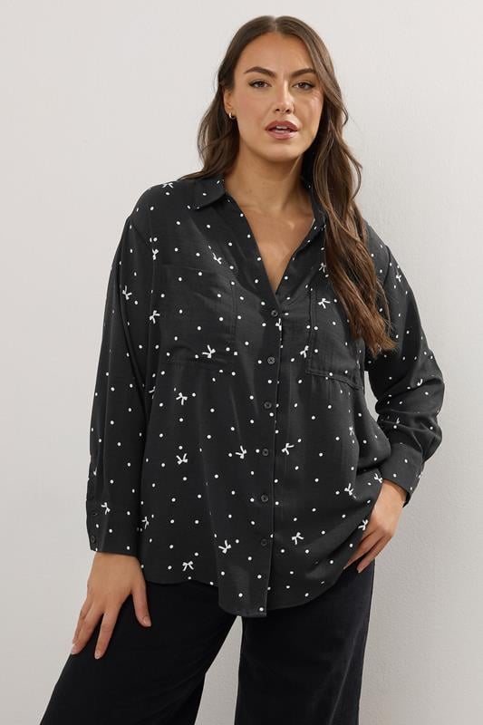  YOURS Curve Black Bow Print Crinkle Blouse